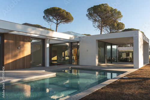 Outdoor view of a white and wooden luxury house with swimming pools and pine trees outside photo
