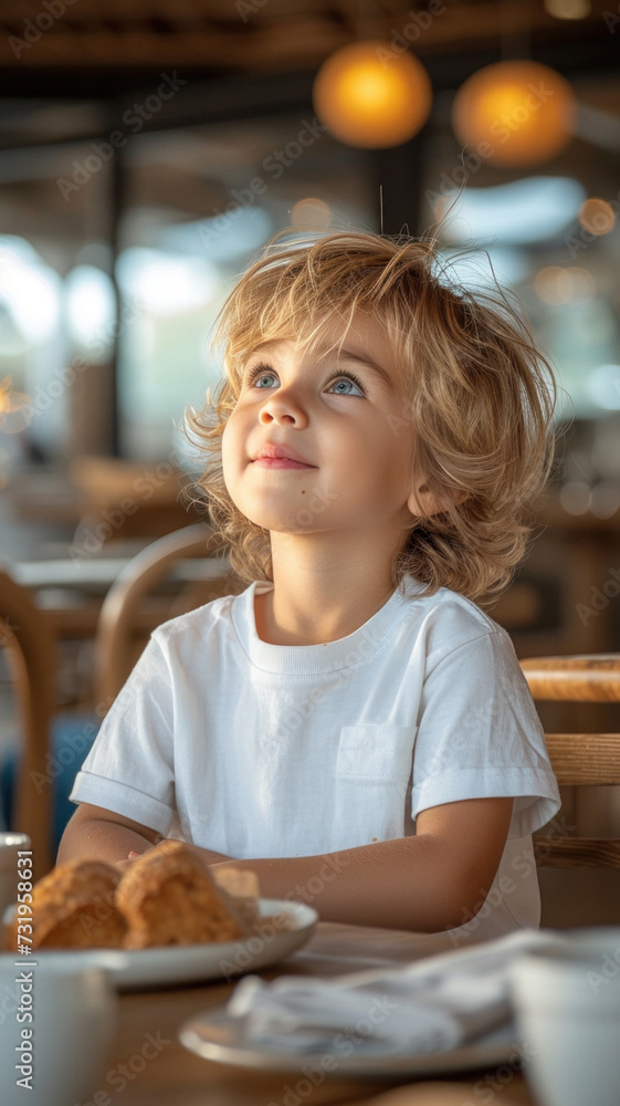 Caucasian boy in white t-shirt and jeans sitting at table at modern cafe.