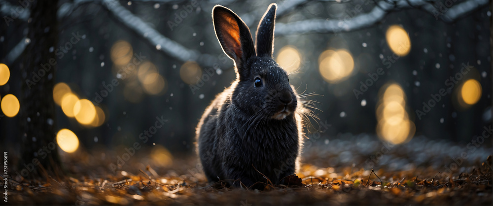 A black rabbit with lights behind, easter concept and exotic animals - obrazy, fototapety, plakaty 