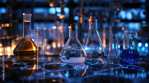 Chemical medicine laboratory set of volumetric glassware bottles for researh photo