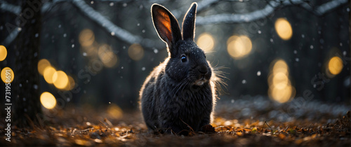 A black rabbit with lights behind, easter concept and exotic animals photo