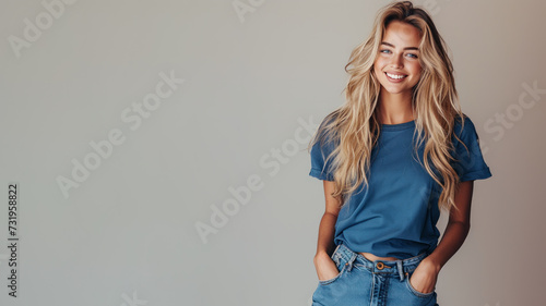 Wallpaper Mural Blonde woman wear blue t-shirt smile laugh out loud isolated Torontodigital.ca