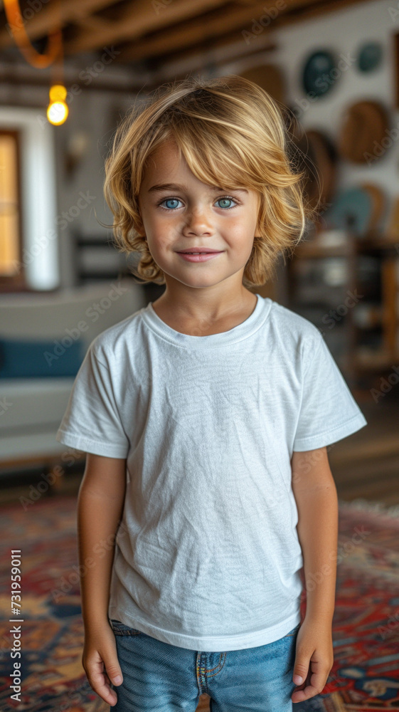 Caucasian boy on background of modern loft colorful living room of house Caucasian boy on background of modern loft colorful living room of house
