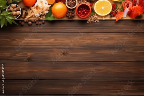 Chinese new year food on wooden table flat lay. Text space, copy space