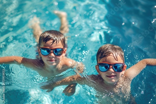 Twin Boys Swimming in Pool