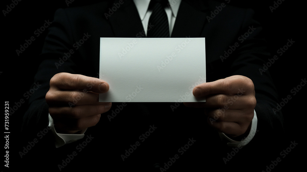 Businessman holding a blank sheet of paper on a gray background with space for text or graphics