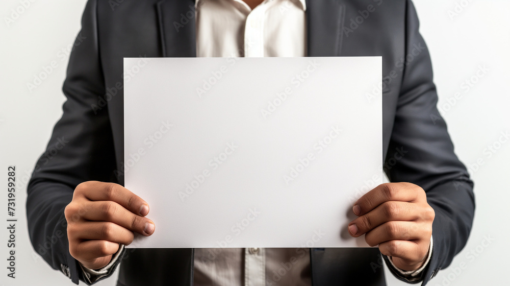 Businessman holding a blank sheet of paper on a gray background with space for text or graphics Businessman holding a blank sheet of paper on a gray background with space for text or graphics
