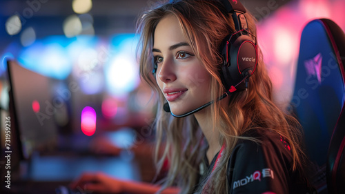 A female esports gamer sitting at a computer desk in an esports arena, generative ai