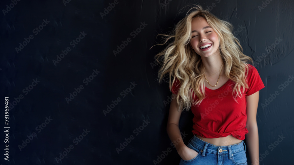 Blonde woman wear red t-shirt smile laugh out loud isolated