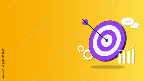 3d purple target with arrow hit center  and marketing icons on yellow background. Business goal and success web banner. Digital marketing, SEO optimization and social media concept. Vector design.
