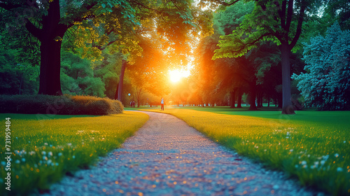park path leads towards a setting sun, with trees, green grass, and flowers on a peaceful evening photo