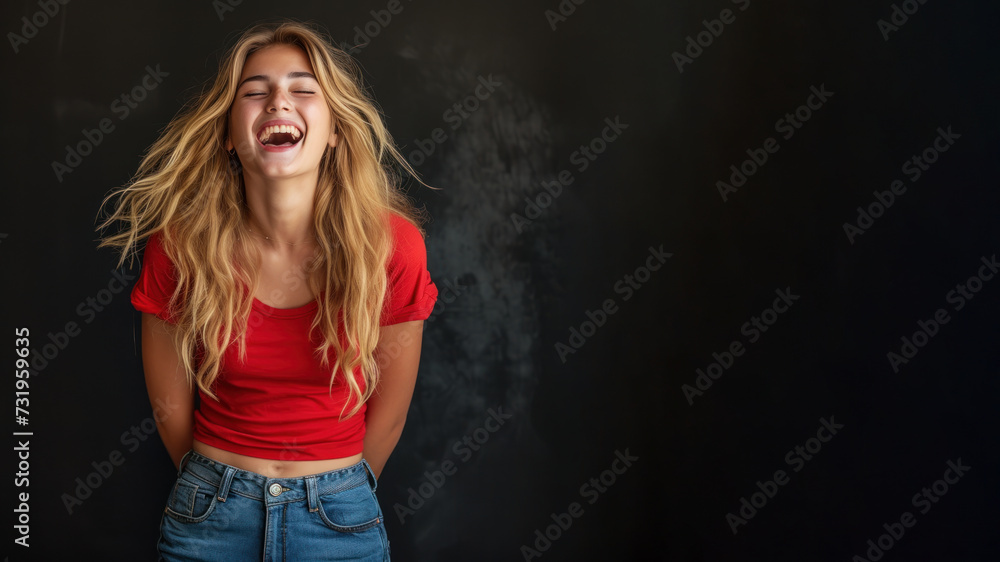 Caucasian woman wear red t-shirt smile laugh out loud isolated Caucasian woman wear red t-shirt smile laugh out loud isolated