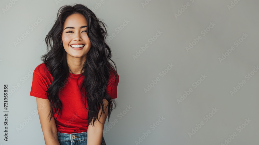 Malay woman wear red t-shirt smile laugh out loud isolated Malay woman wear red t-shirt smile laugh out loud isolated