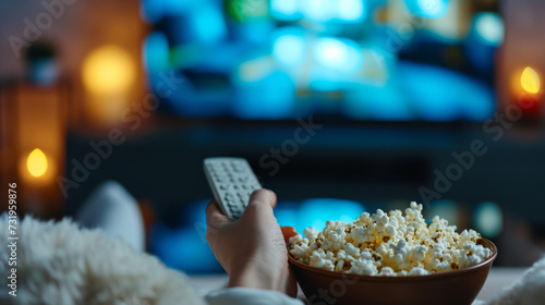 Hands holding a bowl of popcorn and a remote control with a blurred television screen in the background, signifying a relaxing movie night at home.