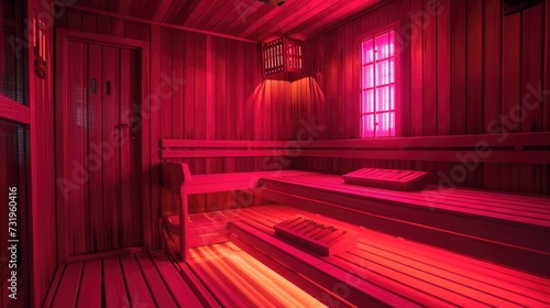 Illuminated Red Sauna Interior with Wooden Benches