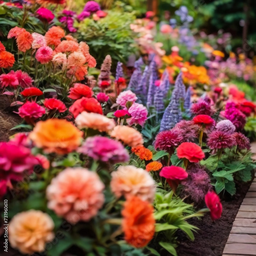 Multi-colored flower bed in the park. Lots of beautiful summer flowers. Lush bright flowering in the garden. Multicolor blooming front garden. Outdoor summer gardening.