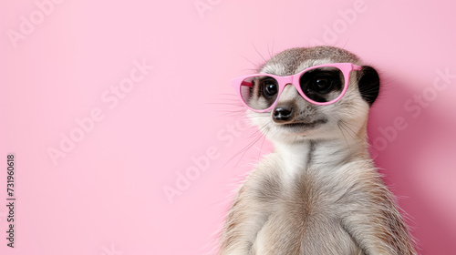 Surreal Meerkat: Creative Wildlife Image with Pink Sunglass Shades, Perfect for Editorial Ads & Commercial Branding. Pink Background. 