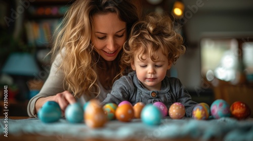 Mother and toddler decorating Easter eggs at home.