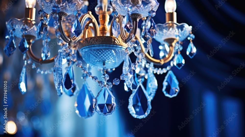 Crystal chandelier close-up. blue light glitter and bokeh texture or background. luxury life. Selective focus Crystal chandelier close-up. blue light glitter and bokeh texture or background. luxury life. Selective focus