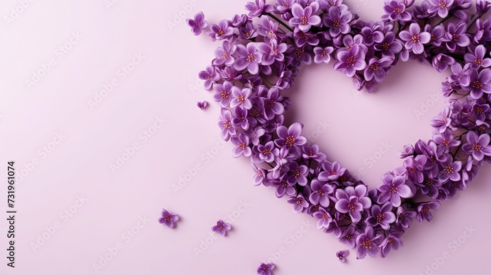 violet, lilac flowers in the shape of a heart. bouquet for Valentine's Day, Women's Day, March 8. greeting card