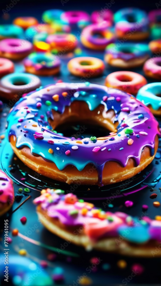 Colorful Frosted Donuts With Sprinkles on a Reflective Surface at a Bakery