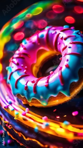 Delicious Chocolate Frosted Donut With Colorful Sprinkles on a Blue Plate © OlScher
