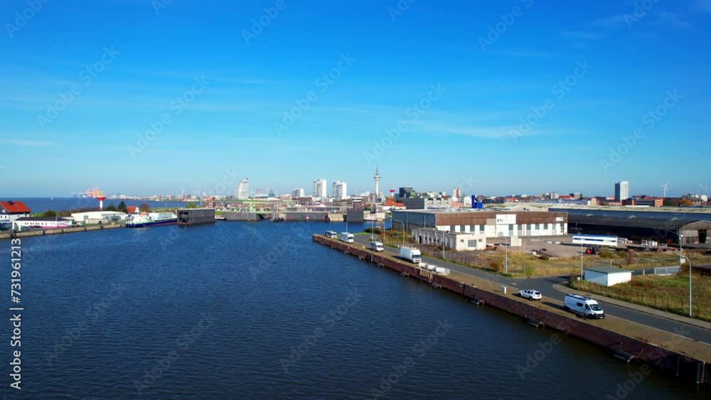 Bremerhaven - Northern Germany - ascending flight aerial view with fantastic views over the city with its skyline Bremerhaven - Northern Germany - ascending flight aerial view with fantastic views over the city with its skyline