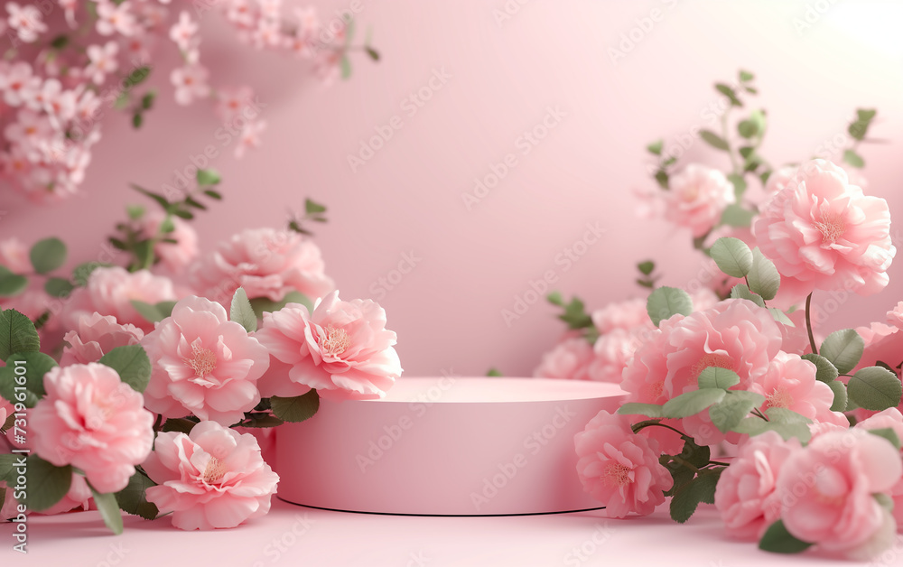 Minimalist Product display podium with pink floral flowers background Minimalist Product display podium with pink floral flowers background