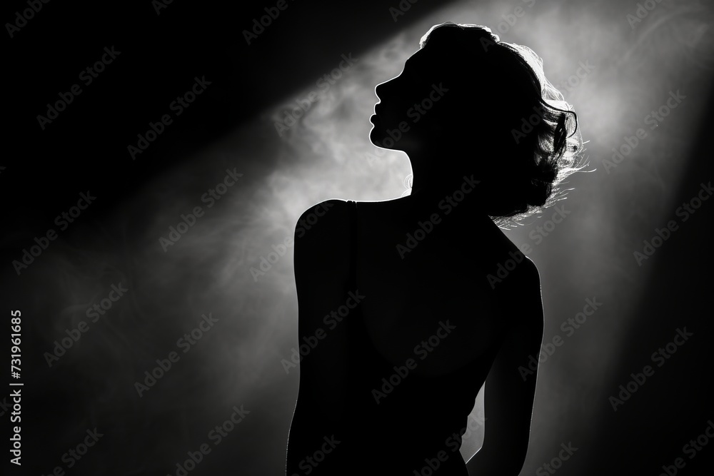 Ethereal grace, a woman's silhouette backlit in mist, a dance of light and shadow.

