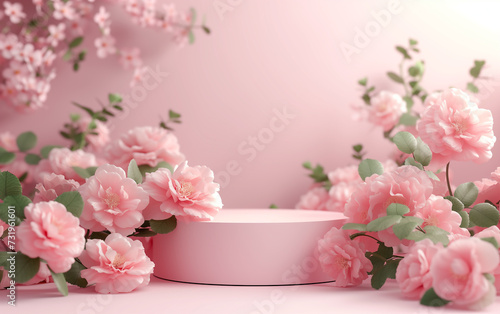 Minimalist Product display podium with pink floral flowers background photo