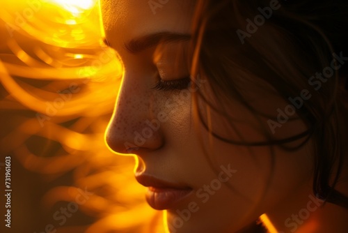 Sun-kissed serenity envelops a woman's profile, shadows playing over her features, a moment caught between day and dream.

