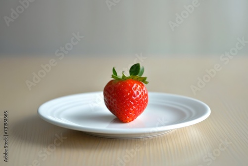 Simplicity on a plate, a single strawberry's red vibrancy, minimalism meets sweet allure.