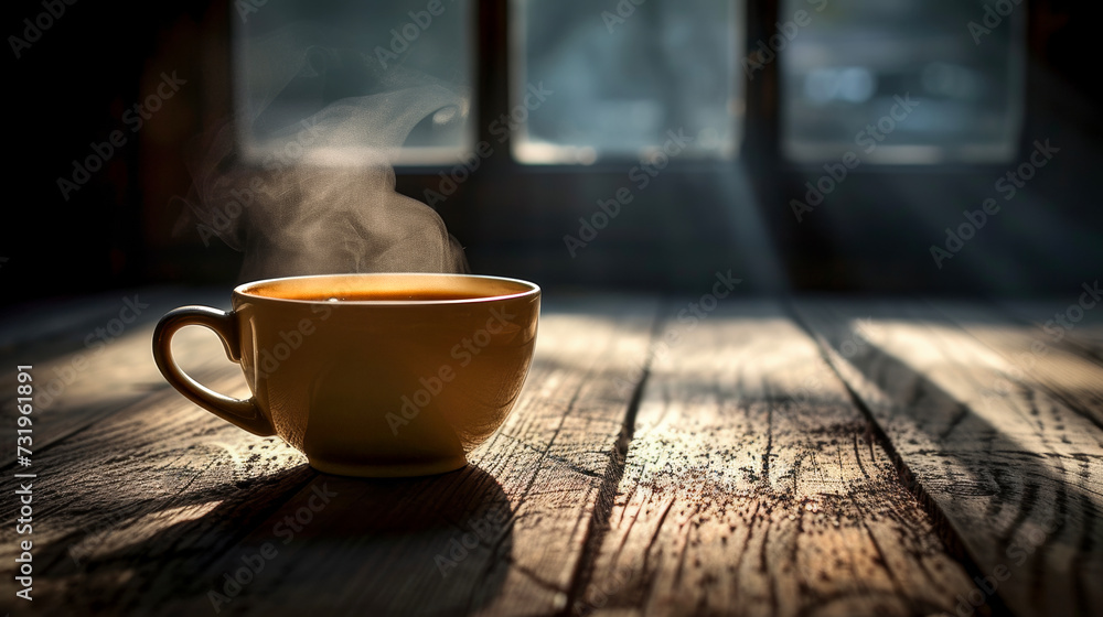 Morning Coffee. A cup of Coffee with steam, the morning light hits the table on a sunny autumn day blurred Background Outdoor, Copy space. Coffee in Cafe Morning Coffee. A cup of Coffee with steam, the morning light hits the table on a sunny autumn day blurred Background Outdoor, Copy space. Coffee in Cafe