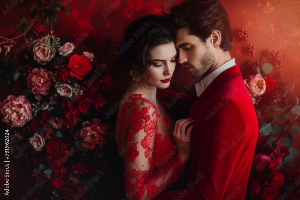 Entwined in a passionate embrace, a couple is enveloped by a lush floral backdrop, embodying the essence of romance.
Entwined in a passionate embrace, a couple is enveloped by a lush floral backdrop, embodying the essence of romance.