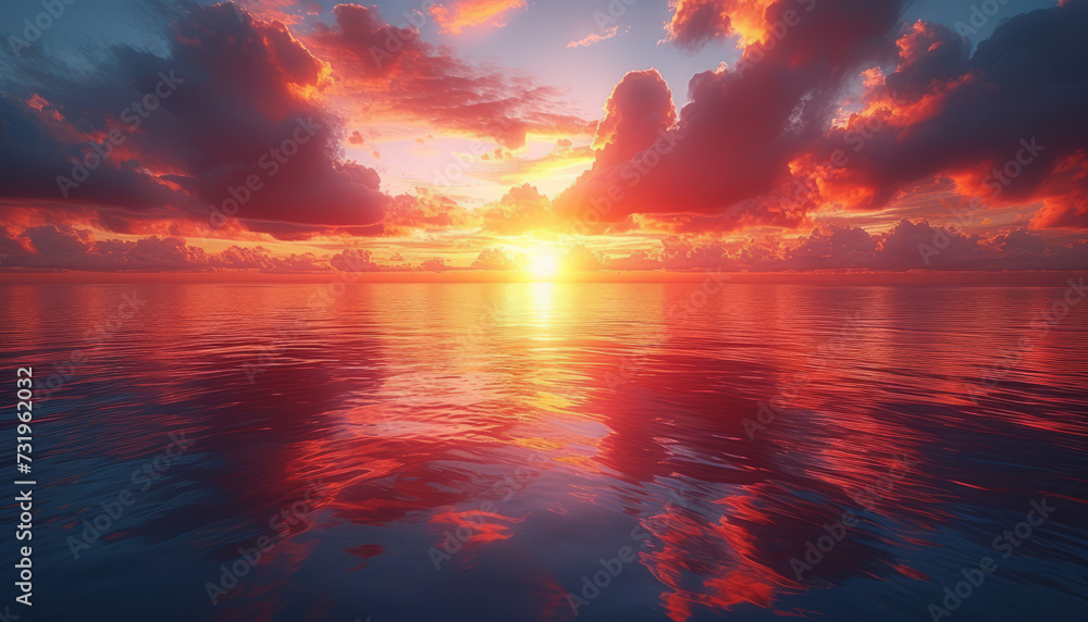 Beautiful sunset at sea and dramatic clouds on background, generative ai. - obrazy, fototapety, plakaty 