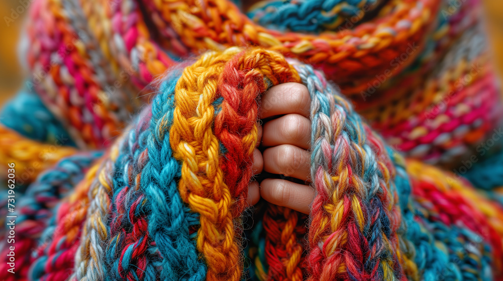 human hands warming themselves in a coarsely knitted multi-colored bright thread sweater close-up