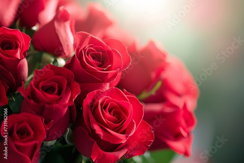 A bouquet of radiant red roses basks in the soft glow of sunlight  symbolizing love s timeless elegance.  
