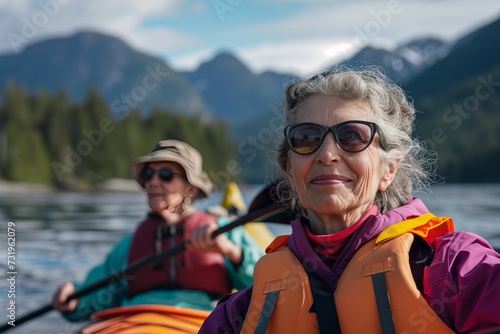 A mature woman enjoys the experience of rafting