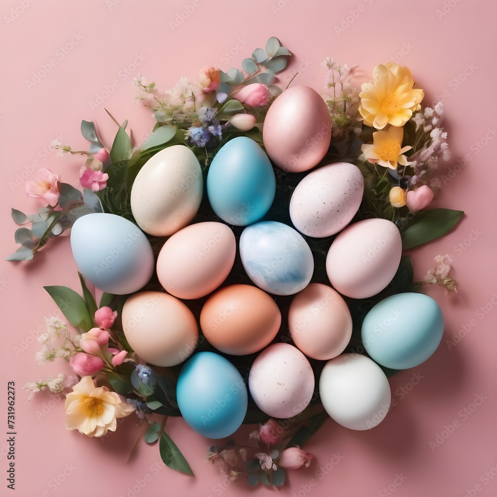 Stylish easter eggs and spring flowers border on pink paper flat lay, space for text. Modern natural dyed blue and marble easter eggs. Happy Easter. Greeting card template Stylish easter eggs and spring flowers border on pink paper flat lay, space for text. Modern natural dyed blue and marble easter eggs. Happy Easter. Greeting card template