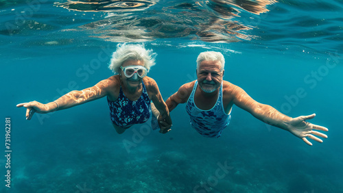 Happy retired couple doing diving underwater. Elderly married couple holds hands and swims underwater together. Active aging.