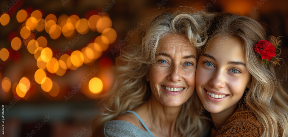 photo of an adult woman and an old woman embracing each other with happy expressions on a Valentine's background
