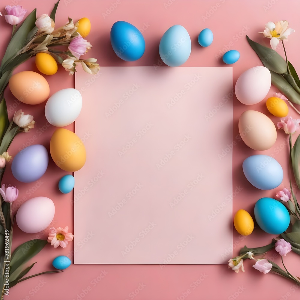 Stylish easter eggs and spring flowers border on pink paper flat lay, space for text. Modern natural dyed blue and marble easter eggs. Happy Easter. Greeting card template Stylish easter eggs and spring flowers border on pink paper flat lay, space for text. Modern natural dyed blue and marble easter eggs. Happy Easter. Greeting card template