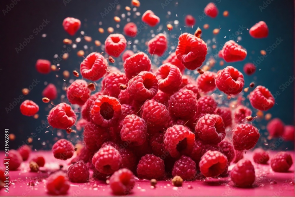 Levitation concept of fresh raspberries with splashing on blurred background Levitation concept of fresh raspberries with splashing on blurred background