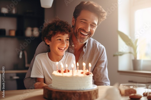 Father and son is celebrating birthday with cake