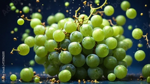 Levitation concept of fresh grape with splashing juice on blue background