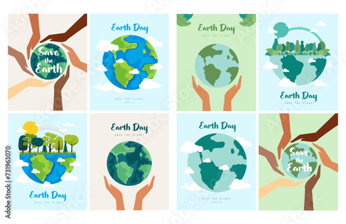 Earth Day. Save the Planet. Set of postcards or cards for Earth Day. Vector illustration. Flat design 