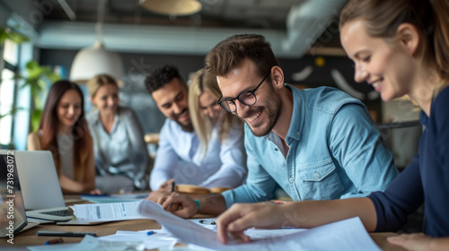 group of diverse professionals engaging in a collaborative and lively discussion around a table in an office setting