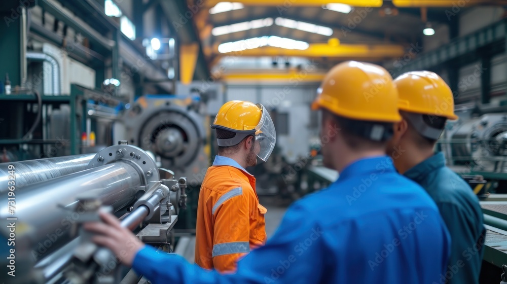 Engineers and factory managers wearing safety helmet inspect the machines in the production. inspector opened the machine to test the system to meet the standard. machine, maintenance Engineers and factory managers wearing safety helmet inspect the machines in the production. inspector opened the machine to test the system to meet the standard. machine, maintenance