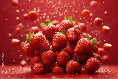 Levitation concept of fresh strawberry with splashing on blurred red background