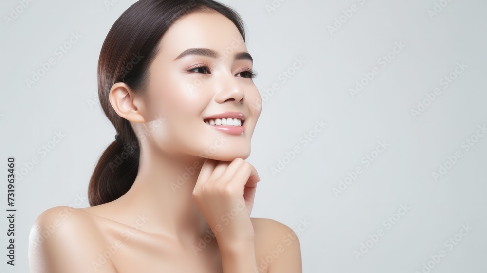 Beautiful woman smile use cream for good skin. face of a healthy woman apply cream and makeup. Advertisement for skin cream, anti-wrinkle, baby face, whitening, moisturizer, tighten pores Beautiful woman smile use cream for good skin. face of a healthy woman apply cream and makeup. Advertisement for skin cream, anti-wrinkle, baby face, whitening, moisturizer, tighten pores